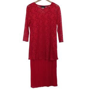 Vintage Elizabeth Womens Sz 14 Red Lace Dress Pleated Skirt Floral Lace Overlay